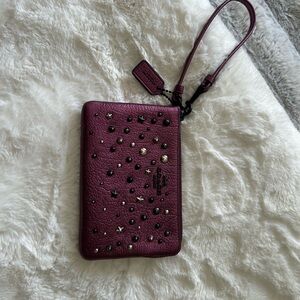 Coach Plum Leather Studded Wristlet with Wrist Strap